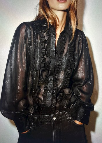 Zara Düğmeli Siyah Bağlama Desenli Bluz - Görsel 2