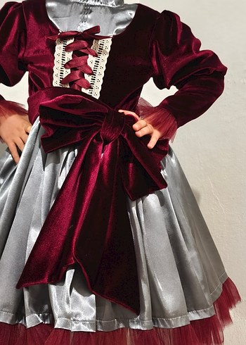Bordo Gri Nakışlı Kız Elbisesi - Görsel 2