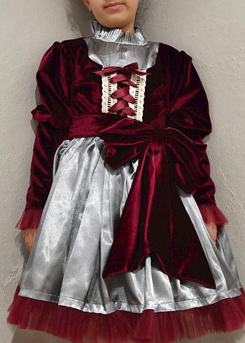 Bordo Gri Nakışlı Kız Elbisesi - Görsel 4