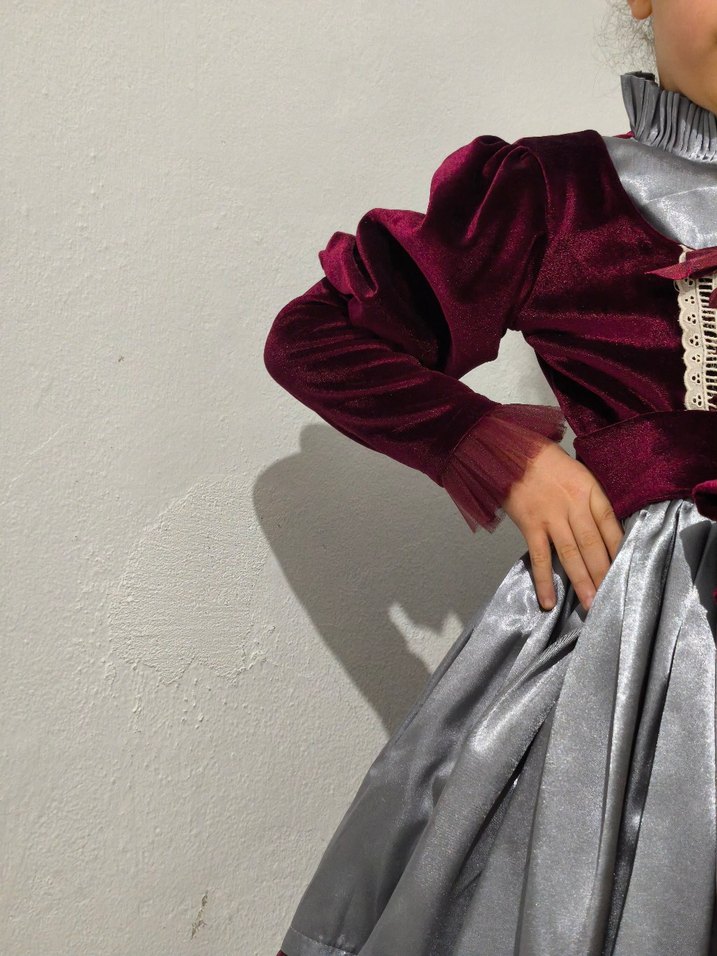 Bordo Gri Nakışlı Kız Elbisesi - Görsel 3