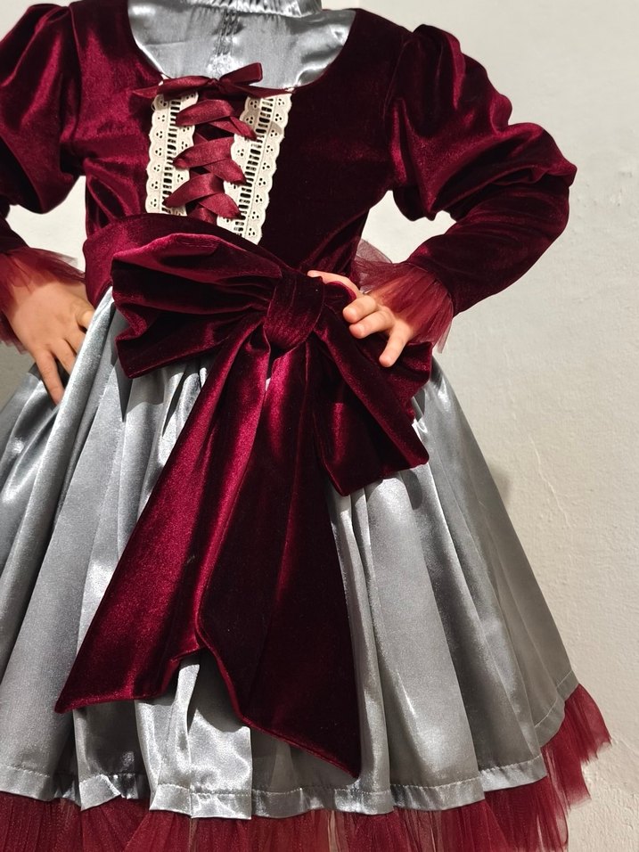 Bordo Gri Nakışlı Kız Elbisesi - Görsel 2