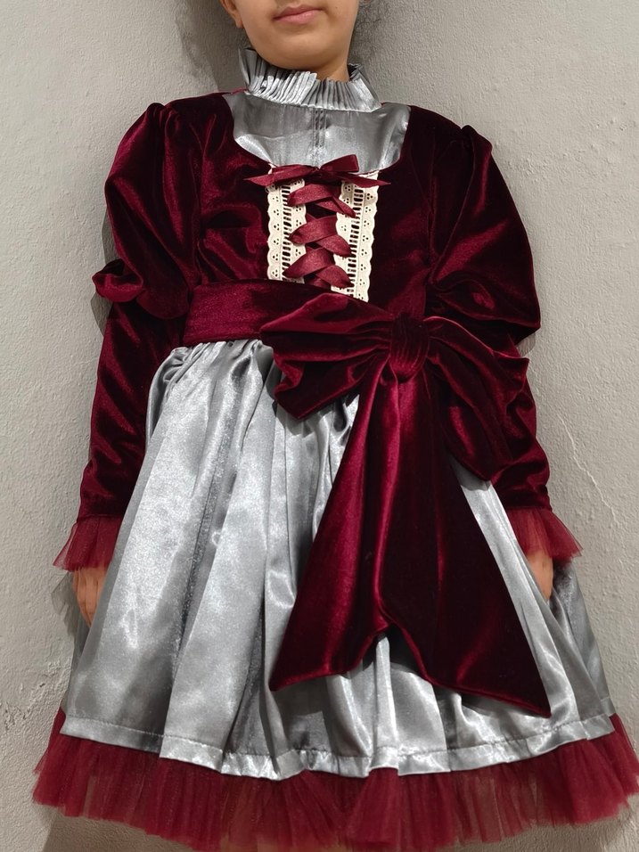 Bordo Gri Nakışlı Kız Elbisesi - Görsel 4