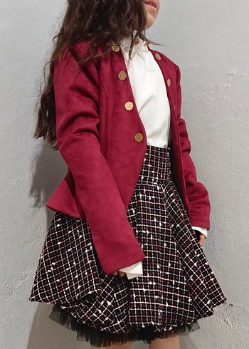 Bordo Düğmeli Kız Ceket ve Etek - Görsel 2