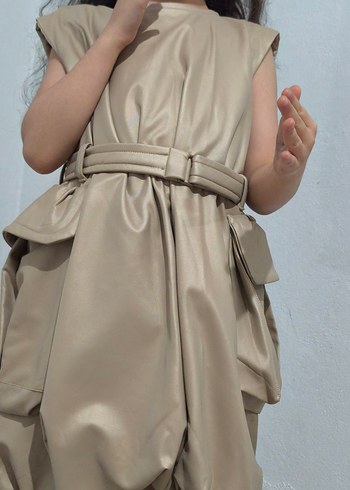 Kızlar için kemerli bej denim ceket elbise - Görsel 2