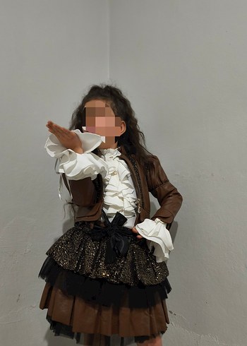 Kız Çocuk Kahverengi Deri Detaylı Ceket ve Etek - Görsel 4