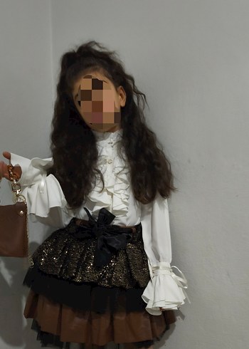 Kız Çocuk Kahverengi Deri Detaylı Ceket ve Etek - Görsel 3