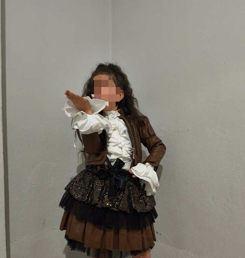 Kız Çocuk Kahverengi Deri Detaylı Ceket ve Etek - Görsel 4