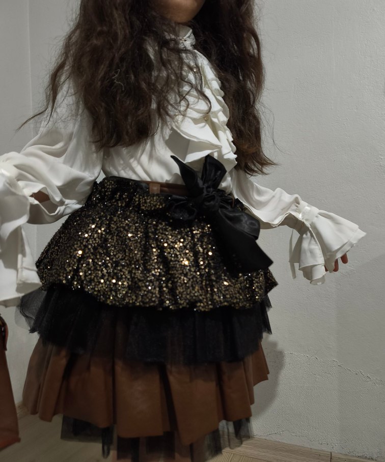 Kız Çocuk Kahverengi Deri Detaylı Ceket ve Etek - Görsel 2