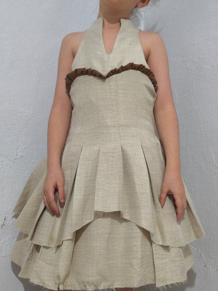 Bej Keten Elbise - Görsel 2