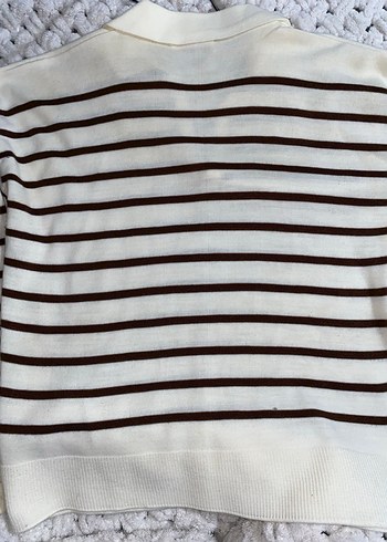 Çizgili V Yaka Triko Bej Renkli Kazak - Görsel 4