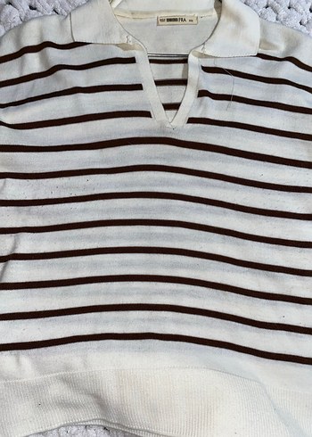 Çizgili V Yaka Triko Bej Renkli Kazak - Görsel 3