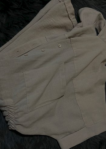 Bej Keten Kısa Kollu Midi Tulum - Görsel 3