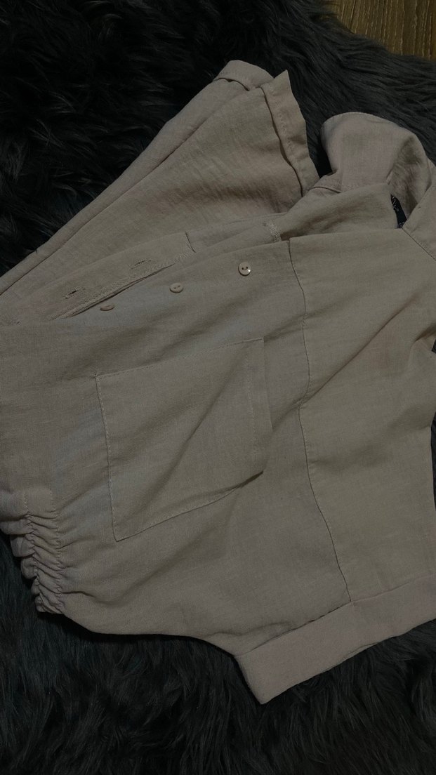 Bej Keten Kısa Kollu Midi Tulum - Görsel 3