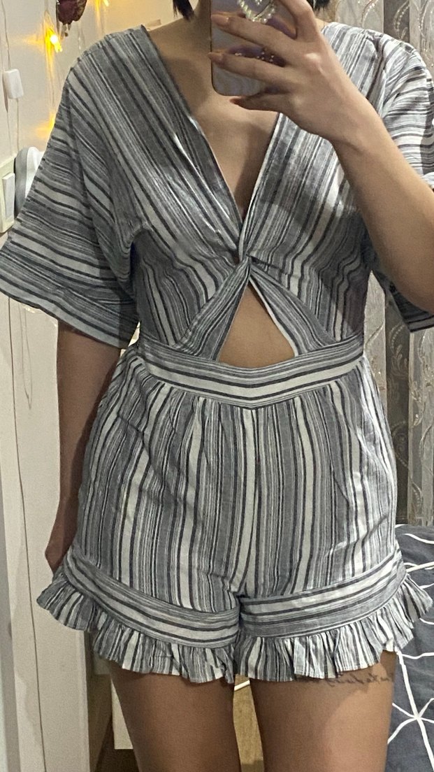 Gri Çizgili Kadın Mini Tulum - Görsel 2