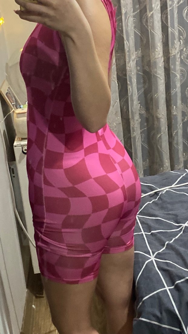 Pembe Kareli Şeffaf Kısa Tulum - Görsel 2