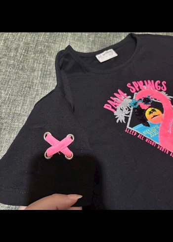 Kız Çocuk Pullu Baskılı Siyah Tişört - Görsel 2