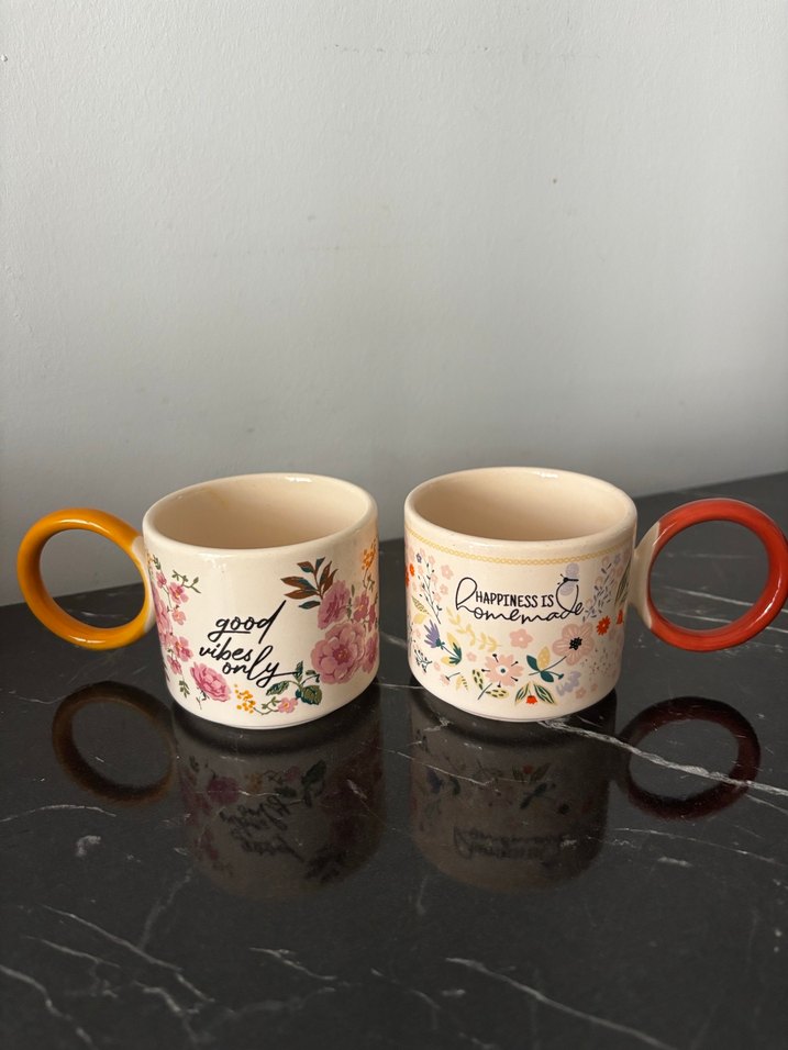 Renkli Kulplu Çiçek Desenli Seramik Kupa Seti - Görsel 2