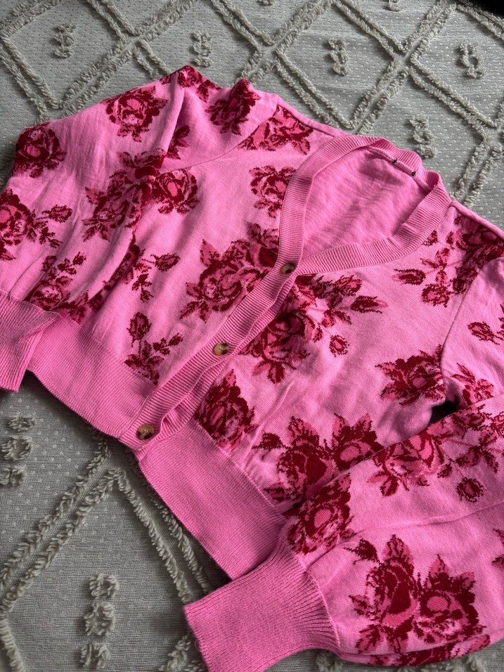 Pembe Çiçek Desenli Örgü Hırka ikili takım - Görsel 2