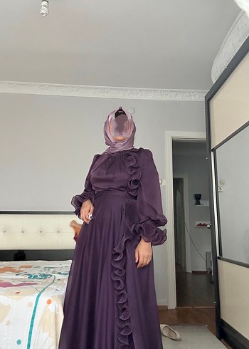 Uzun Mor Drapeli Gotik Kadın Abiye Elbise - Görsel 3