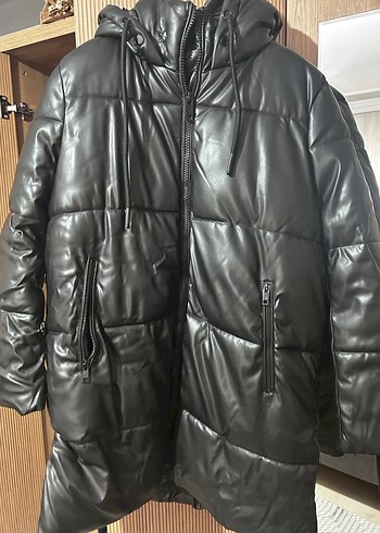 Siyah Deri Uzun Kadın Kışlık Ceket - Görsel 4