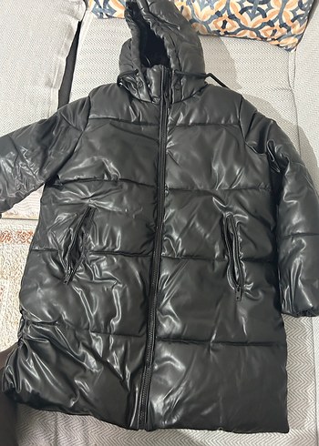 Siyah Deri Uzun Kadın Kışlık Ceket - Görsel 2