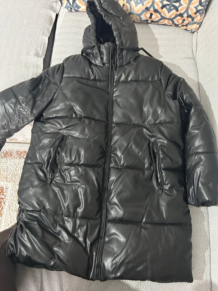 Siyah Deri Uzun Kadın Kışlık Ceket - Görsel 2