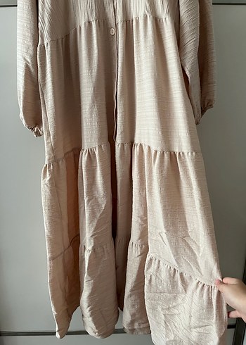 Bej Uzun Keten Elbise Pilili Detaylı - Görsel 2