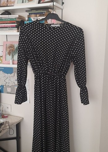 Puantiyeli Siyah Uzun Salaş Elbise - Görsel 2