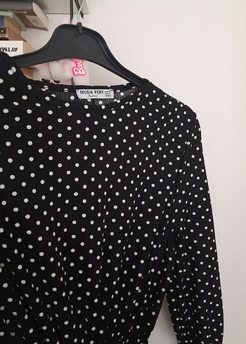 Puantiyeli Siyah Uzun Salaş Elbise - Görsel 6