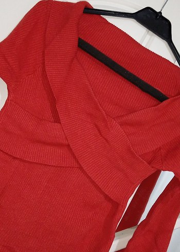 Kırmızı V Yaka Triko Kadın Elbise - Görsel 4