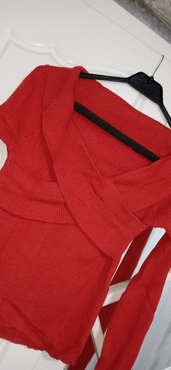 Kırmızı V Yaka Triko Kadın Elbise - Görsel 4