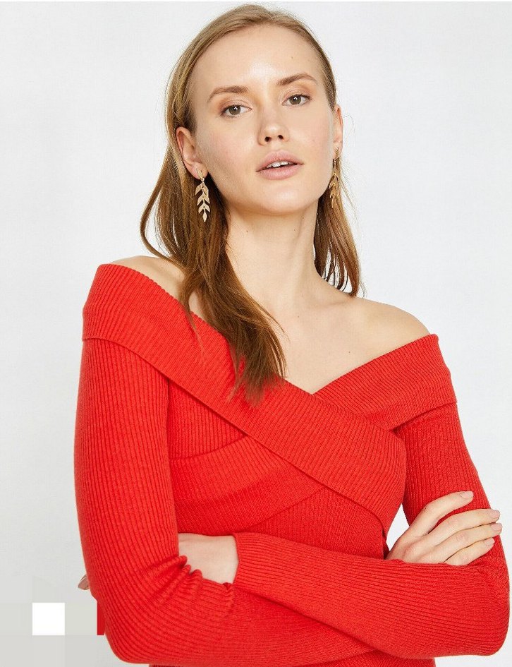 Kırmızı V Yaka Triko Kadın Elbise - Görsel 3