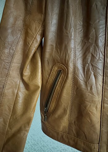 Taba Renkli Kadın Deri Biker Ceket - Görsel 5