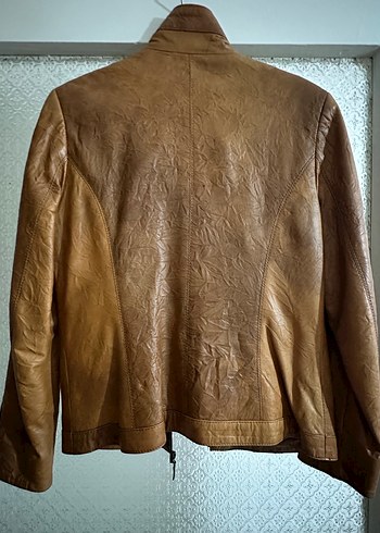 Taba Renkli Kadın Deri Biker Ceket - Görsel 2