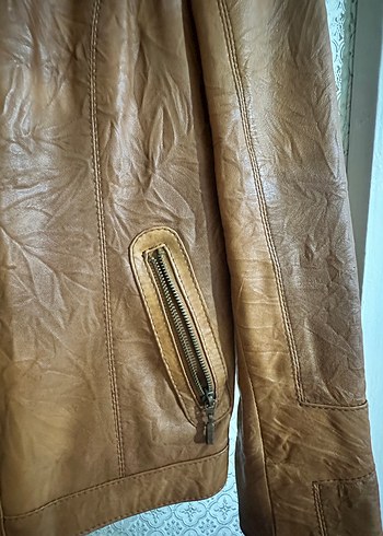 Taba Renkli Kadın Deri Biker Ceket - Görsel 4