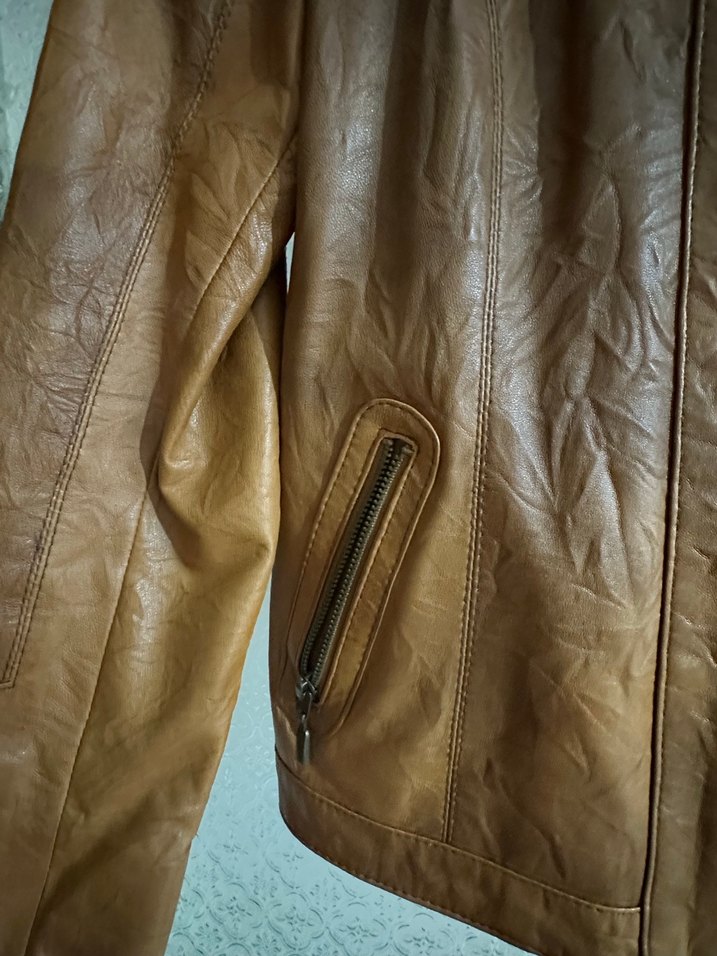 Taba Renkli Kadın Deri Biker Ceket - Görsel 5