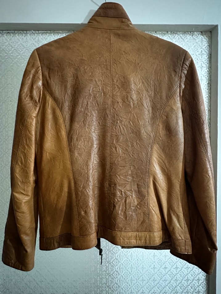 Taba Renkli Kadın Deri Biker Ceket - Görsel 2