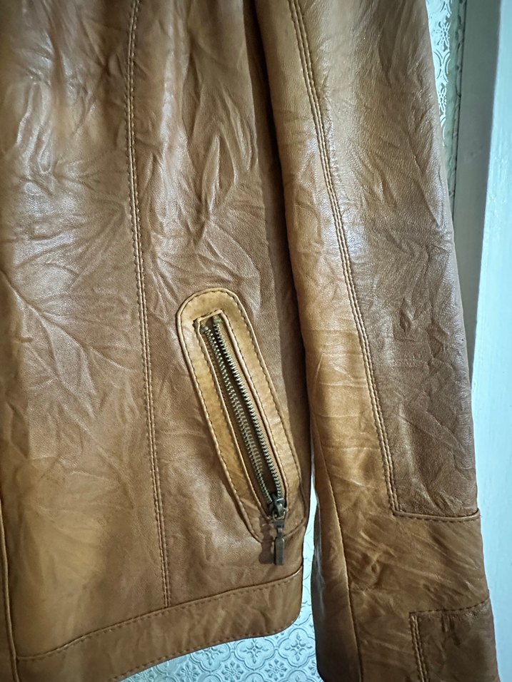 Taba Renkli Kadın Deri Biker Ceket - Görsel 4