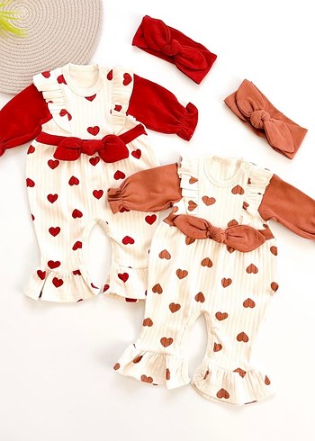 Kız Bebek Kırmızı Kalp Nakışlı Fırfırlı Tulum - Görsel 3