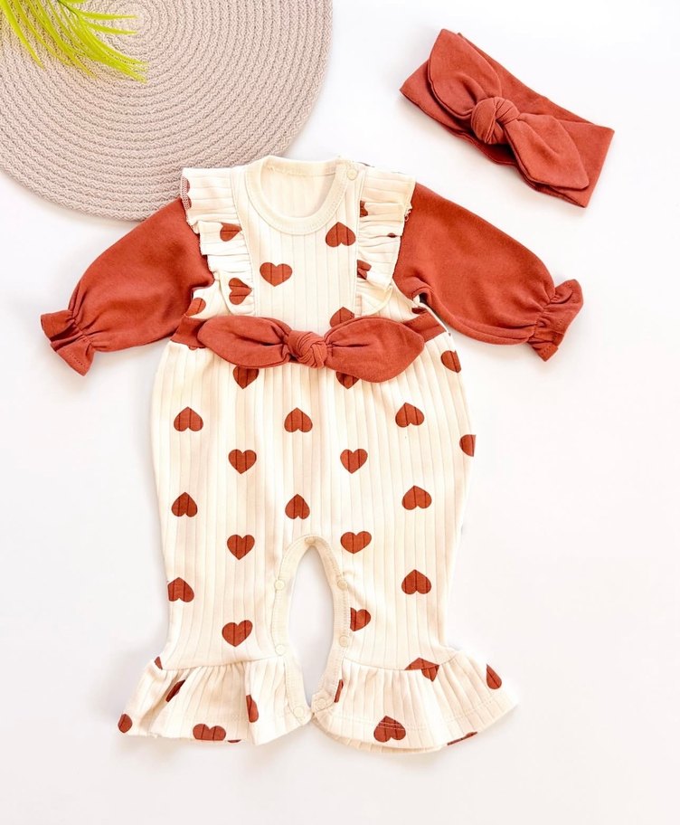 Kız Bebek Kırmızı Kalp Nakışlı Fırfırlı Tulum - Görsel 2