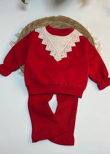 Dantelli Kırmızı Bebek Kız Takımı Mağaza Ürünü - Görsel 2