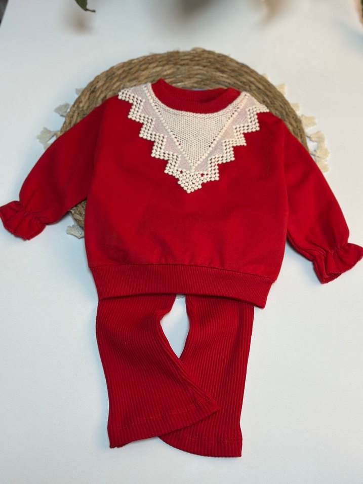 Dantelli Kırmızı Bebek Kız Takımı Mağaza Ürünü - Görsel 2