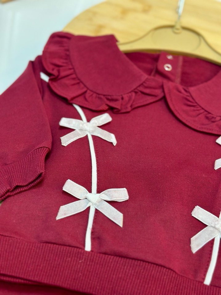 Bordo Nakışlı Fiyonklu Bebek Kız Takımı - Görsel 2