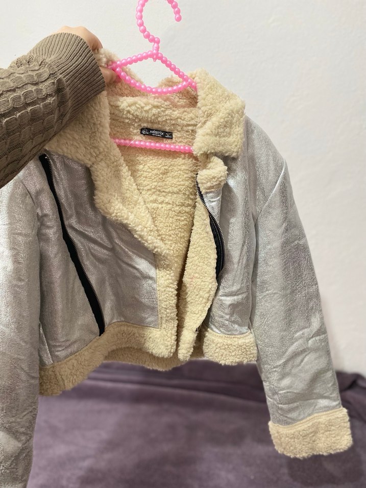 Gri metalik renk Kürklü Kadın Kış Montu - Görsel 2