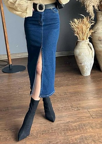 Kadın Mavi Uzun Kot Etek, Kemerli, Rahat Kesim yıtmaçlı - Görsel 3