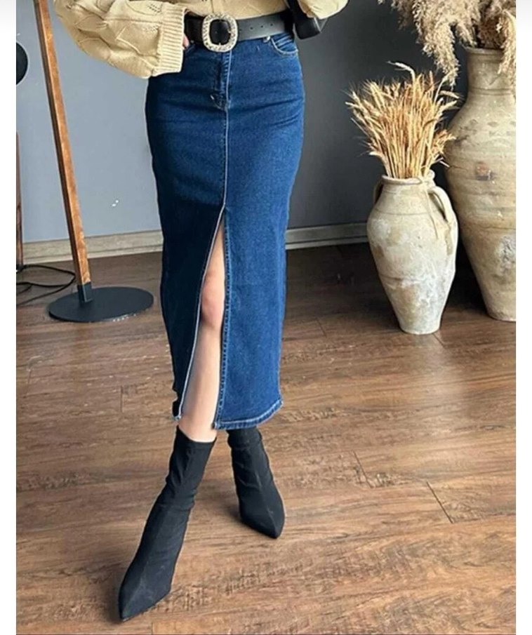 Kadın Mavi Uzun Kot Etek, Kemerli, Rahat Kesim yıtmaçlı - Görsel 3