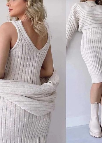 Krem Boğazlı Triko Kadın Elbise - Görsel 2