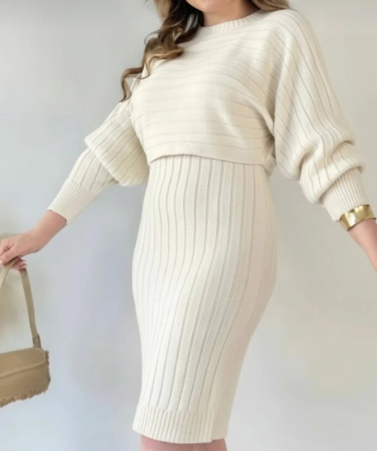 Krem Boğazlı Triko Kadın Elbise - Görsel 3