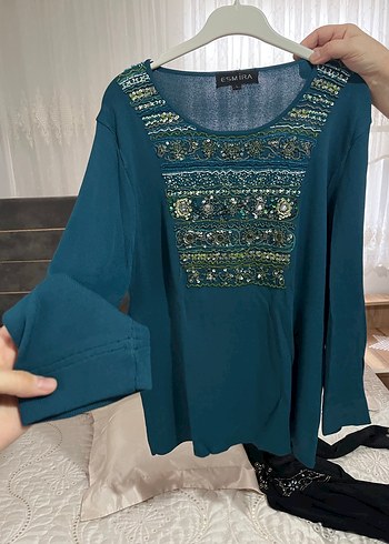 Boncuk İşlemeli Turkuaz Uzun Kollu Bohem Bluz - Görsel 3