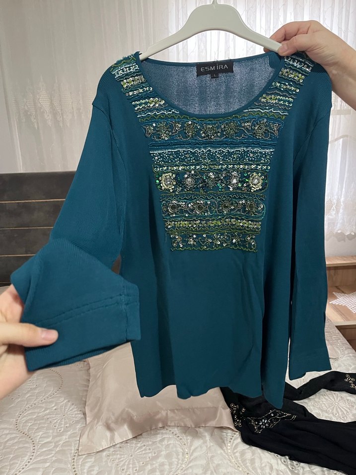 Boncuk İşlemeli Turkuaz Uzun Kollu Bohem Bluz - Görsel 3